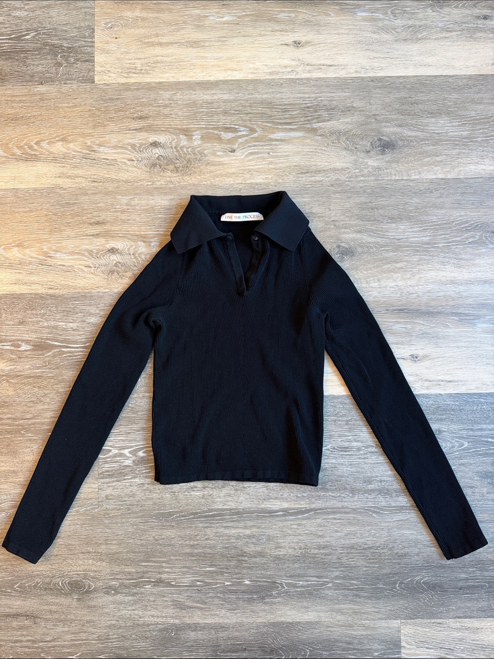 Live The Process Black Ribbed Long-Sleeve Polo Sweater
